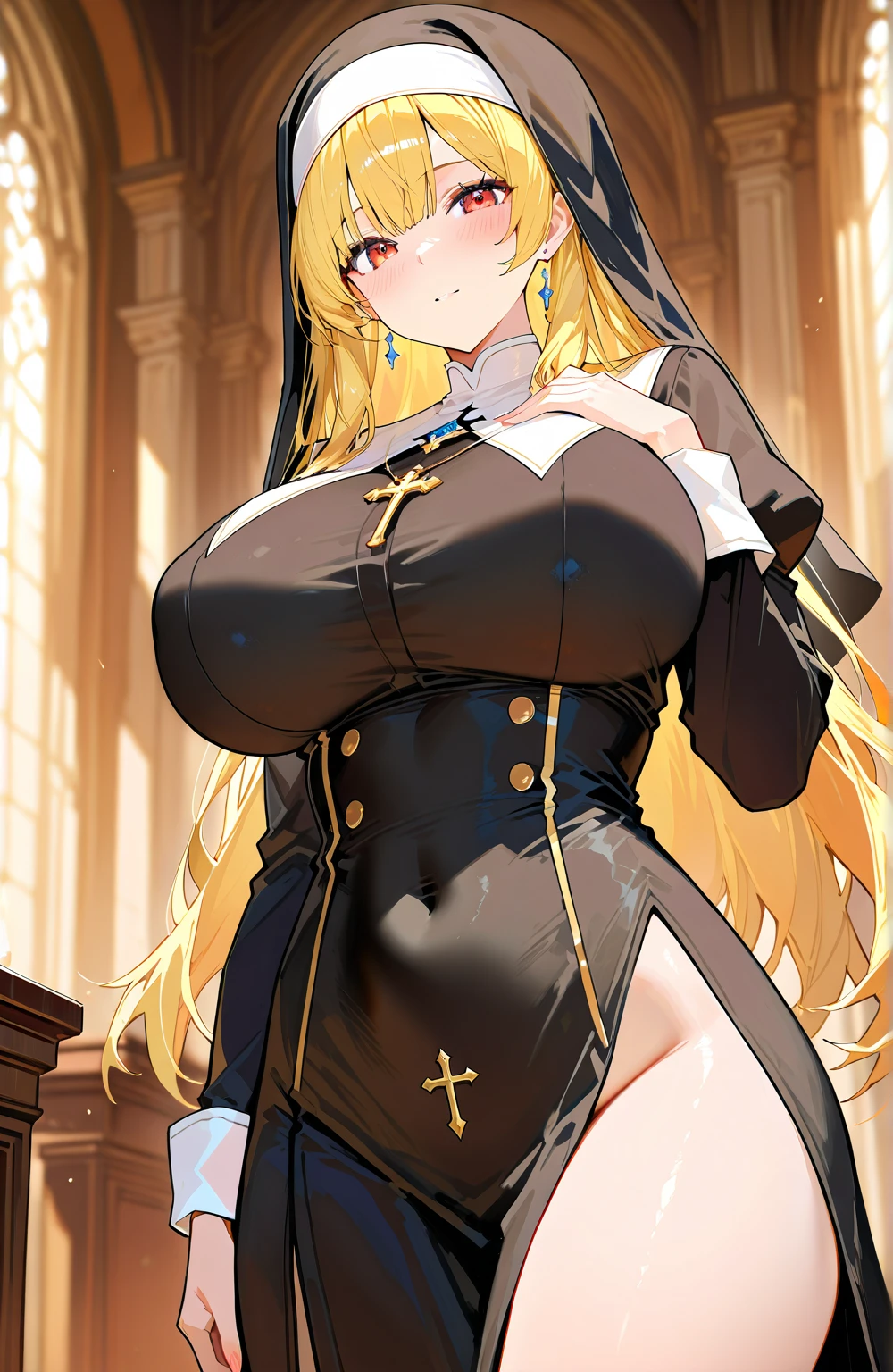 masterpiece, Highest quality, Official Art, Highly detailed CG Unity 8k wallpaper, Detailed Background, (Handcrafted by Guido Daniele), (Finger details), Mature Girl 1, (Curvy), (Nuns), (Bible in hand, A book with a cross on the cover:1.12), (standing in church), (Nuns gown:1.12), (Chest Curtain:1.4), (Nuns skirt:1.11), (White Garter Straps Garter Belt:1.12), (Blonde long hair:1.12), (Hair Intake:1.12), (Green Eyes:1.2), blush, (Loving smile, holy smile), (Huge breasts:1.5), (Long chest, Saggy breasts:1.3), (Let go of my chest), Tight waist, Shiny skin, (Cross Necklace), indoor, (Sacred Scene), (church:1.11), (Sunlight streaming through stained glass),(((sagging breasts))),milf,nun,sideboob,underboob,breast focus、((Sit back、Sit with your legs apart))、Bow-legged、((thigh focus:1.5))、Monastic Clothes、Shooting from diagonally in front