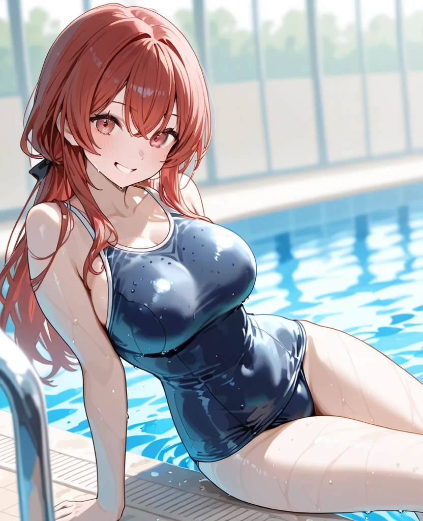 (Best quality:1.3), makima , red long hair, hair between eyes, braided ponytail, large round breasts, cleavage, one-piece swimsuit, (soaking wet:1.3), smiling, swimming pool, (pov)