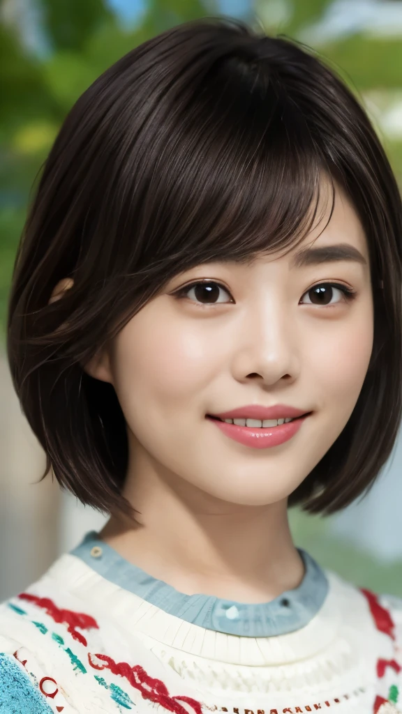 1 Female,Photorealistic,Highest quality,Ultra high definition,8K,Cool Beauty,Beauty,Perfect Style,Summer knitwear,Japanese,、上半身、smile,looking at the camera,Very Short Bob、耳にピアス、薄い茶髪、