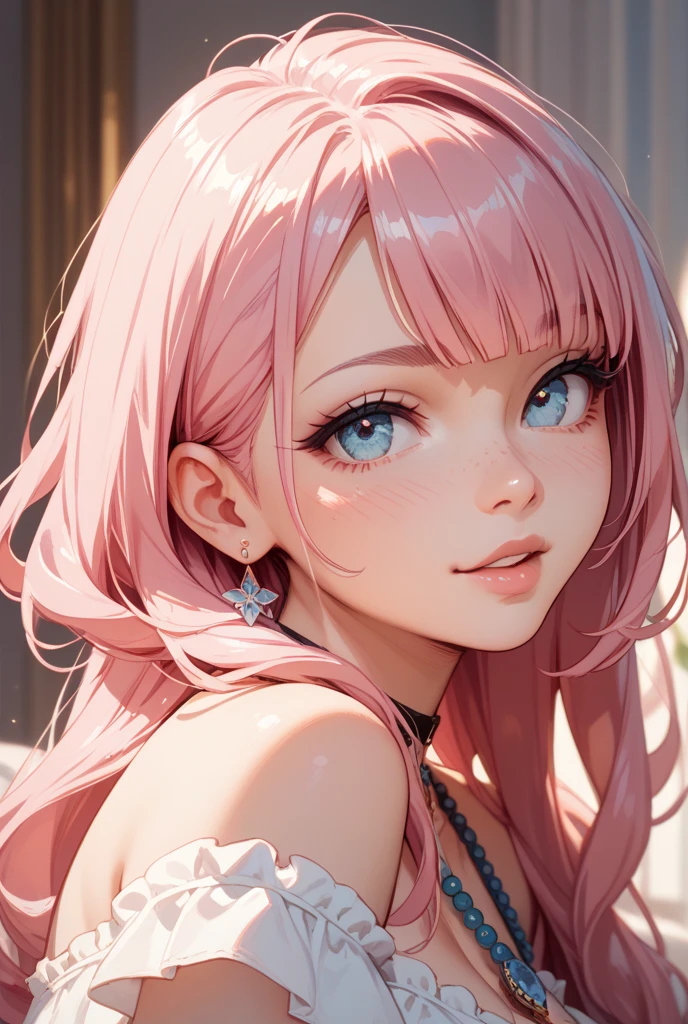 (masterpiece), (best quality), ultra realism, 1female half body, (long_ponytail wavy tip pink color hair), (hair over one eye), wearing a spaghetti strap floral dress, detailed beautiful eyes, small eyes, hand showing V-sign, detailed exquisite face, adult face, perfect anatomy, dynamic pose, intricate details,
