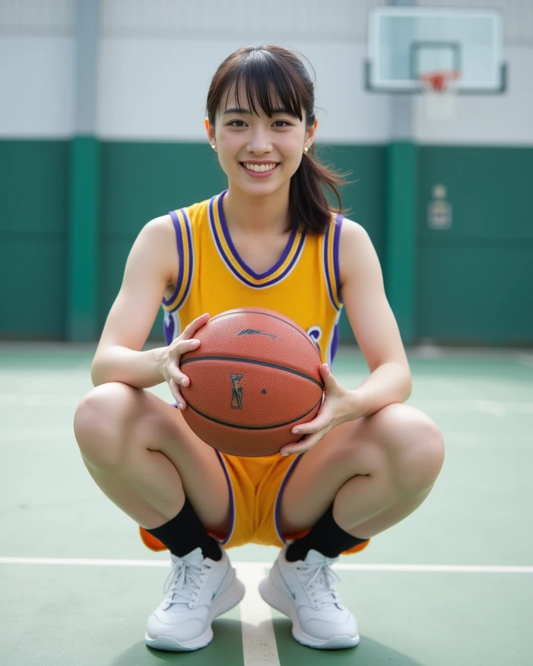 wearing basketball jersey, huge tits, ponytail, smile, japanese mature woman, black hair, squatting and leg spread near the hoop, exposed breast, exposed nipple, puffy nipple,visible nipple, super tits, nsfw, super detail face