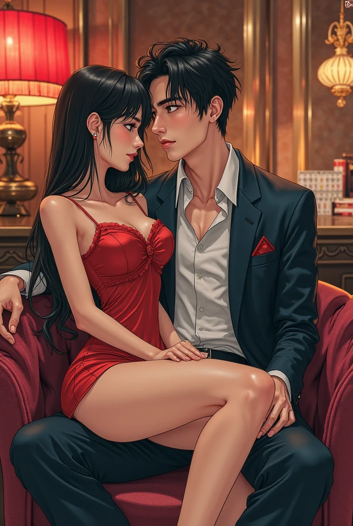 highres,realistic,masterpiece,high quality,
2 people,1man,young dark,big muscle,wide flow,blue shirt,
1women,women wear sexy red dress,large breasts,sexy,looking at viewer,