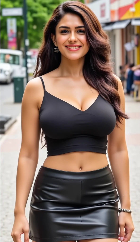 photograph of a dark-haired woman with windblown curls, her hair is intertwined, like a flame against the twilight sky., radiating unbridled beauty, big breasts,wearing  black pants and a glitter low cut top,, high resolution, best quality, cute, wearing eye make-up, showing buttocks,at a farm market