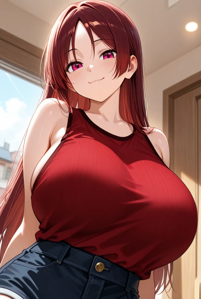 woman,Red hair,Twin tails,Angry face,blush,Big Breasts,Thick thighs,Black Tube Tops(Strapless),Denim shorts,Cleavage,Sweaty,Gravure idol pose