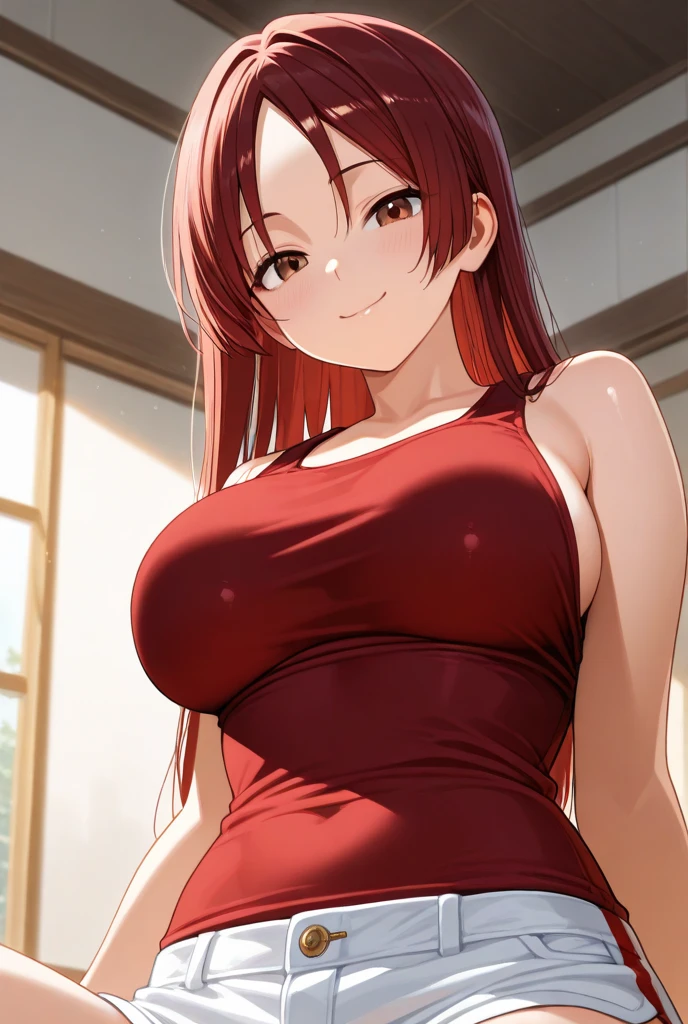 Uzumaki_kushina,huge breasts, beautiful face:1.3,butt hole,navel, cleavage ,bellybutton,off the shoulder:1.8,body facing front,full body shot,standing,skirt up,red t-shirt: shoulder off