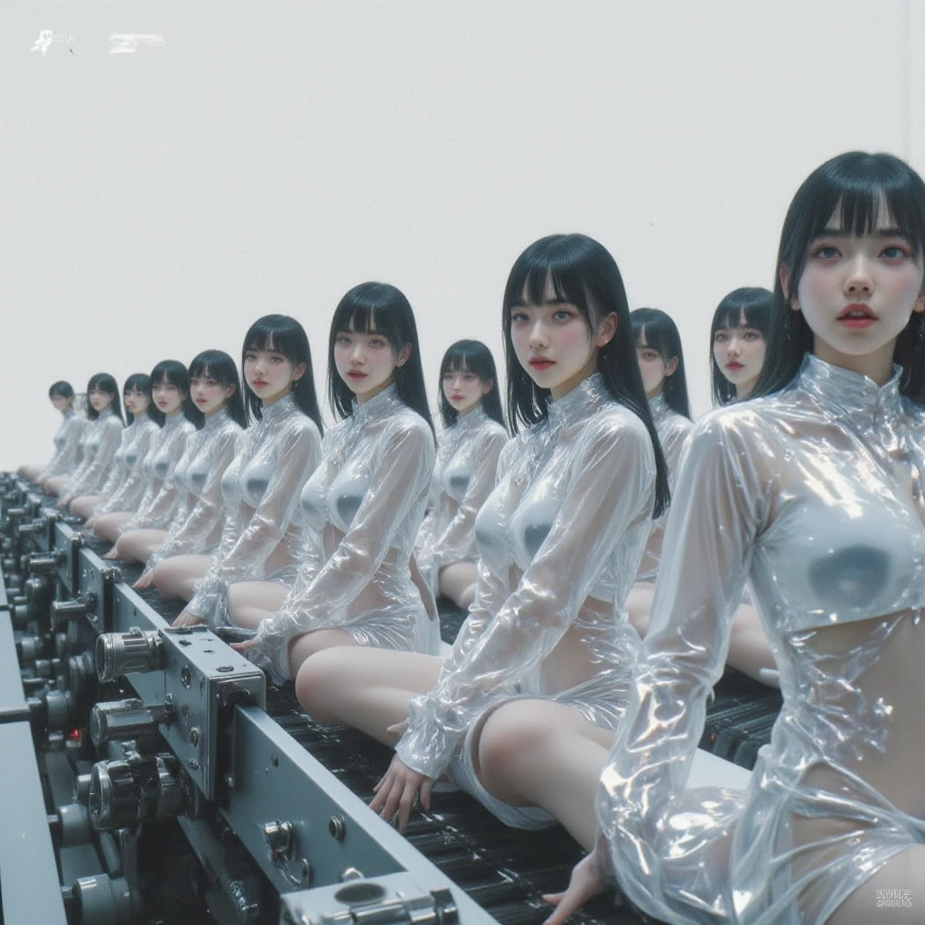 Women wearing tight translucent latex suits、Multiple people of the same woman are on a conveyor belt、Clone Factory、mana