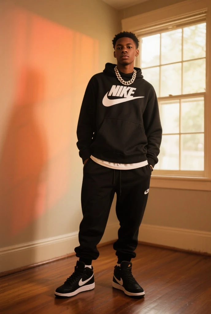 A boy waering Balck check shirt and showing his iPhone in mirror and weras a Rolex watch in his right hand and weared nike air jorden in his legs