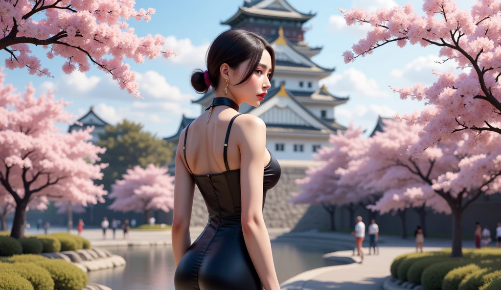 Ancient City at Sunset, young beautiful woman in short dress fashion, full body shot, back view from below, giga_busty