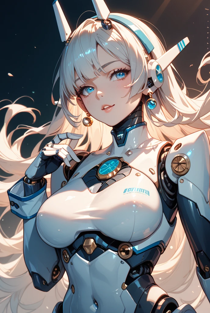 1girl, solo, cowboyshot, ((muture female)), (masterpiece), (best quality), (ultra-detailed), (illustration:1.2), (watercolor_painting:1.0), (highly detailed background:1.2), (thick outline), (perfect hands:1.4, two legs), (long bangs:1.2), shiny hair, (extra-long hair:1.2), white hair, (beautiful eyes:1.2), (gray eyes:1.2), blue gradient eye shadow, middle chest, extremely detailed beautiful anime face, clear pale blush, ((pale skin)), particles, ((Mechanical body)), white Android body, headgear, Sci-fi, Cold stare, (ghostly girl), (white tights), white veil, (expressionless), (empty eyes), composite lighting, professional shading, high quality textures, perfectly structured, natural proportions,
