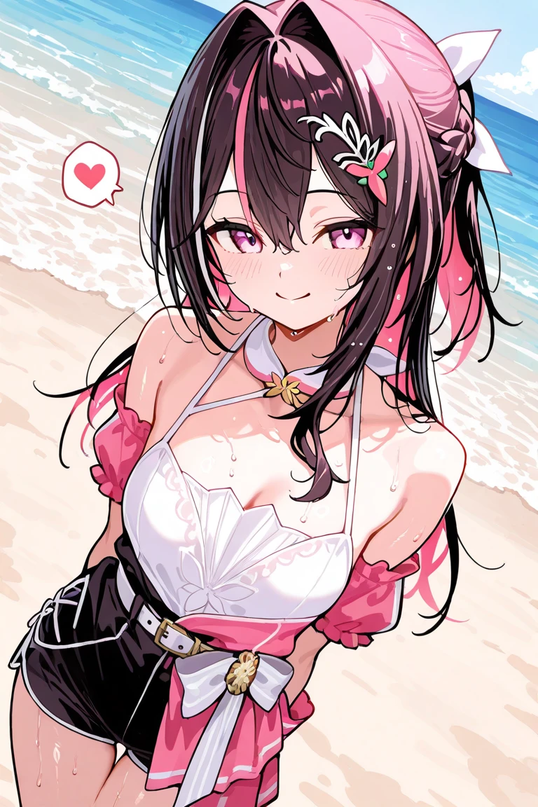 wakamo,masterpiece,highres,breasts, arms behind back,swimsuit, 1girl, bikini, white_bikini, cloud, animal_ears, blue_sky, ocean, sky, hair_ornament, water, black_hair, day, long_hair, bracelet, wading, large_breasts, jewelry, smile, looking_at_viewer, blush, outdoors, open_mouth, hair_flower, wet, cloudy_sky, navel, flower, sparkle