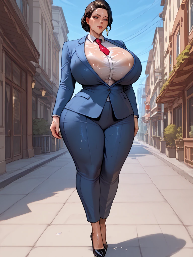 1 girl, 30 year old girl, Walking forward down the street, round breasts, big , wide thighs, thicc, big booty, big ass, In a business suit, Cartoon, 8K, 4K, HDR