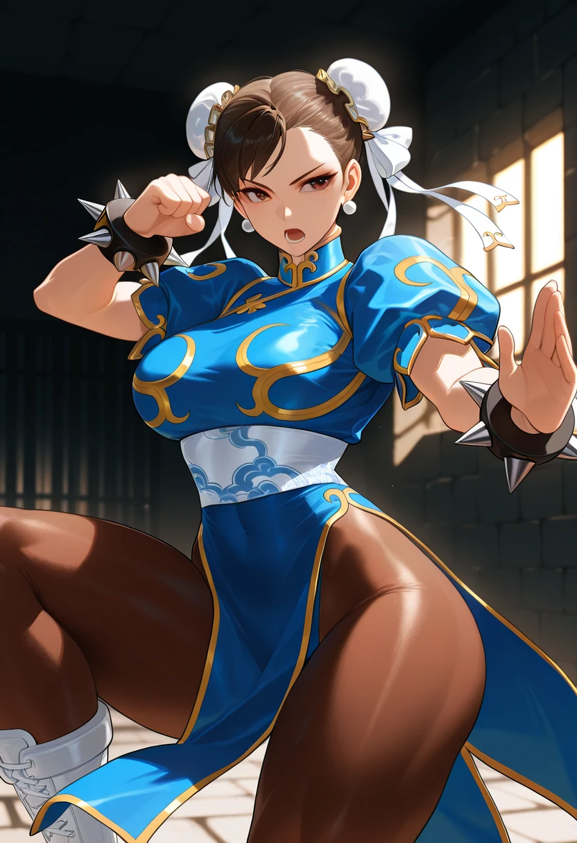 Chun-Li from Street Fight II,Chun-Li Costume,Blue Chinese dress with gold lines,Bunhead,masterpiece、1 beautiful girl、Highest quality, 超High resolution、Body facing forward、(High resolution)、(8K)、(Very detailed),Diagonal bangs、masterpiece, Highest quality, masterpiece, Highest quality, Brown eyes with white sclera, Bad move -5, alone, 1 Girl, Brown Hair, From SF2, Muscular woman, Blue clothes, pantyhose, Pelvic Curtain, Puff short sleeves.
Both hands tied with rope。
Both legs are tied with ropes。
On one knee。
pantyhoseは切り刻まれている。
The blue cheongsam is cut into pieces。
Bleeding from arms or legs。
Crippling。
I am in agony。
engulfed in flames。