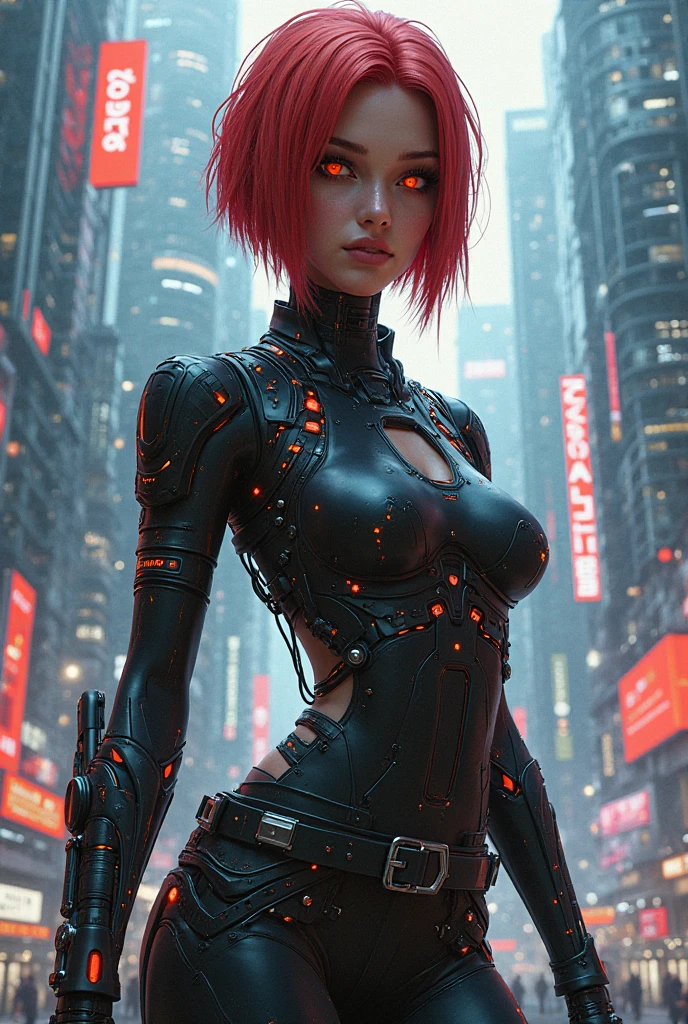 8k, Highest quality,Dark Fantasy,science fiction,cyberpunk,super fine concept art,robot joints,cybernetic organism,energy gun, energy weapons,Black and red gear,ndian style,1girl,perfect face,hair over one eye,(beautiful detailed Glass hair,red hair,two-tone hair,flipped hair), gold eyes,(heart-shaped pupils,glowing eyes,eyelashes),Black Leather Gloves,Red corset,黒いplatform shoes,one eye bandage, electric bolts,I laugh,(Electric Lightning ,futuristic city(Future City),colorful lighting,ride, A dark world dominated by diesel fuel,