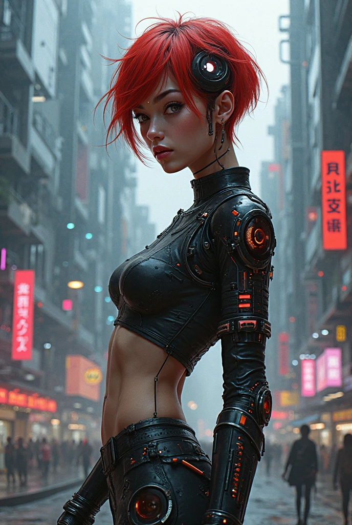 Award-winning photo from the waist up, red-haired woman showing her face, alone, from the torso up, with cybernetic enhancements with tattooing of magical symbols, in front of cyberpunk buildings, vibrant, photorealistic, hyper-realism, strong impressionist painting style, 1,618, elegant, ethereal, intricate, elaborate, hyper-realism, hyper-detailed, strong expressiveness and emotionality, cinematic lighting, visual clarity