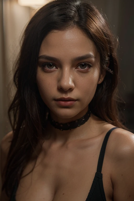 very tall girl, (very young, adolescent), (very curly hair, very small breasts, very skinny, nose ring, tatoos, fearful, scared), (red latex bodysuit, choker), (close shot, face shot, portrait,intimate camera, realistic, photorealistic)