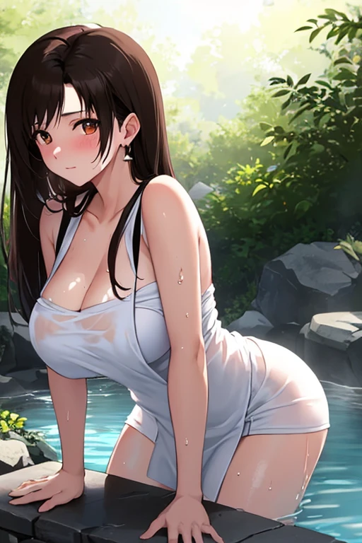 (masterpiece), best quality, (16k), expressive eyes, perfect face, lady, 3 girls, large breast, navel, (((topless))), (((wet navy blue solid pencil mini skirt))), bare arms, bare legs, shiny skin, wet body, outdoors, in the waterfalls, wading, brown hair, wet hair, Lower ponytail, closed eyes, :), standing, (cowboy shot), ((from behind)),