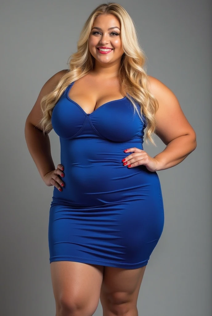 Image is a full-body portrait of a natural busty woman standing in front of a glass door. She has long, wavy blonde hair and is wearing a light blue two-piece outfit consisting of a crop top and a mid-length skirt with a ruffled hem. She is wearing high-heels. The woman has a light skin tone and is smiling at the camera. The background includes a tiled floor and a partial view of an outdoor area with sunlight casting shadows. she has (BIG TITS)