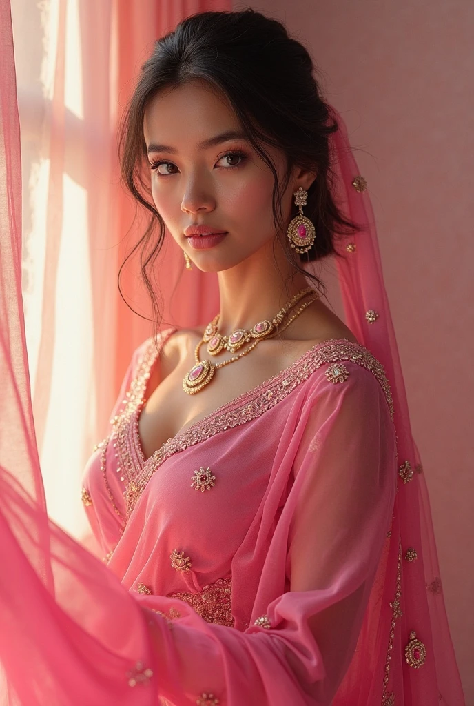 Masterpiece, extremely beautiful girl, hair shimmering under the bright sunlight, detailed face, focus close to the face, light pink lip gloss, thin silk shirt embroidered with diverse and colorful patterns , wearing gold, silver and emerald jewelry, ultra-thin white silk underwear, close-up photo of the girl's entire body;
Non-NSFW, 8K, super CG, HD image quality, super sharp, super beautiful graphics, professional, detailed, vibrant colors, super smooth, advanced techniques, true RAW, resolution High.
The light is intricately colored, using black and gold rays;
The sunlight sparkled, illuminating the girl's body, making her hair shine;
The background has beautiful flowers and leaves, elegant and pure;
colorful, visually appealing film art;