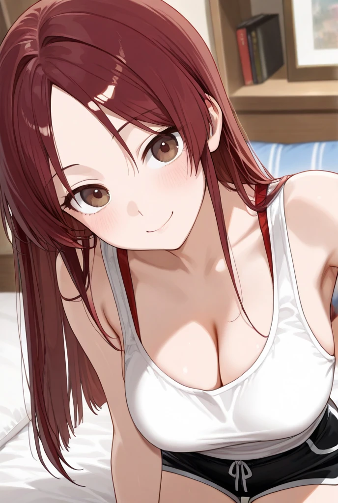 There is a woman sitting on a bed wearing a pink floral pajamas, red-haired girl, beautiful red-haired woman, red-haired woman, young red-haired girl, short bright red hair, red hair and attractive features, Anna Nikonova aka Newmilky, red-haired girl, redhead, beautiful woman, posing in bed, red head, with short red hair, posing in a room