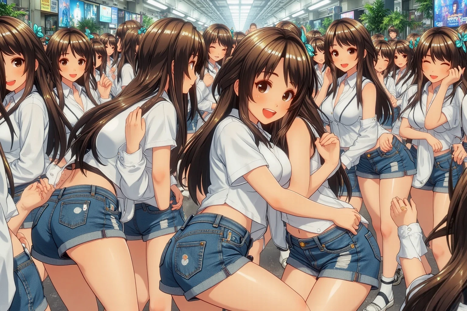(realistic, photo realistic:1.2), ((highest quality)), beautiful face details, real human skin, pretty embarrassing, under breasts, hair ornament, Cowboy Shot, sitting on speaker, knees raised, spread legs, Cute face, deadpan, Looking at Viewer, (on stage), (stage lights), (crowd, audience:1.3), from below