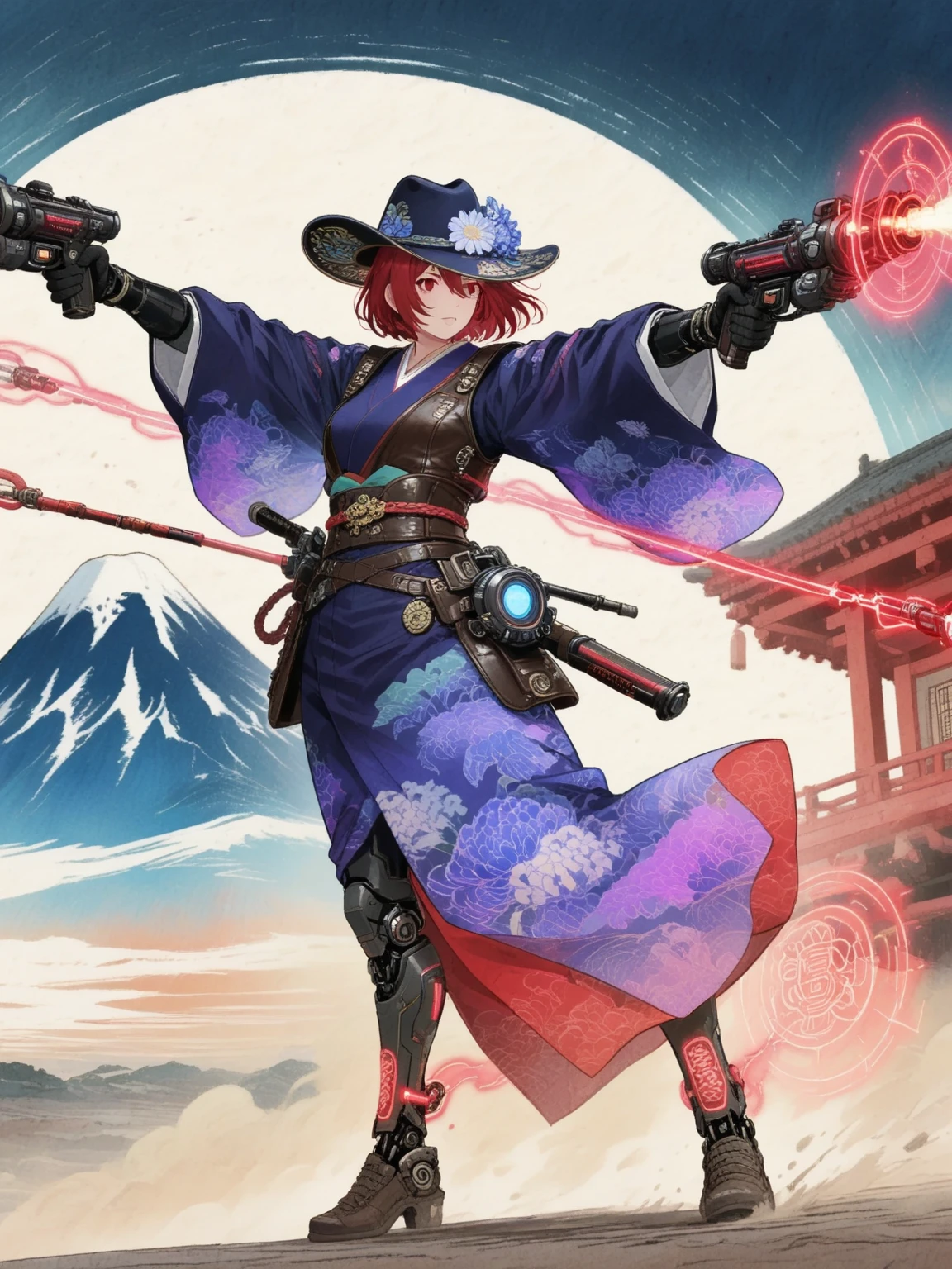 Western Girl Full Body Vision,Chrysanthemum Wide-brimmed Hat with Fluttering Sleeves Create Dynamic Balance,Indigo Kimono Hem and Waistcoat Flying over the sandstorm,Double Gun Crossfire Dragging Neon Trails,Mechanical Prosthetic Limbs Wrapping Glowing Haiku Marks,Background Layered Gobi Hongyan and Mount Fuji Sakura Fubuki Panorama,Ukiyo-e Naniwa Fusion Digital Particle Effects,Cinnabar Ink Hooks Surround Guns,wide-angle overhead camera shows the collision of leather and silk materials,Edo Period Mechanical Aesthetics,Watercolor rendering style ,Panoramic Cyber Style Composition