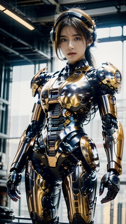 Awe-inspiring imagery, A woman in an incredibly detailed semi-cyborg suit poses next to an ancient building. This woman is the perfect blend of elegance and mechanical beauty., Her pure honey brown synthetic skin、Contrasting with her metallic décor. image, Probably a photo, It captures every detail of her cyborg features - from the delicate wires and circuitry that are seamlessly integrated into her body., Her robotic eyes sparkle seductively.. The overall composition exudes a sense of excellence., Showcasing the undeniable artistry and meticulous craftsmanship behind this breathtaking depiction.
