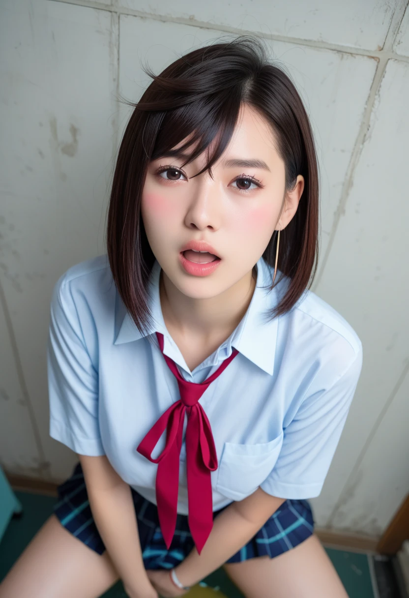 ,Short sleeved white shirt,Grey checked tie,Grey checked mini skirt,Navy blue socks,open mouth,tongue out,cum on tongue,Sitting on a black sofa,looking ahead,from above,flont view,face focus,(1girl,Beautiful 14 year old girl),((Slender,Small breasts,Small face,)),looking at viewer,Black Hair,bangs,Beautiful and detailed,Expressionless,Dimly lit room,Simple Background,Black background,