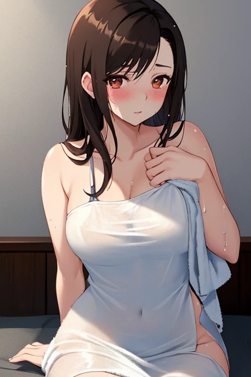 Asian woman in her 50s wearing a white towel sitting in a sauna, gorgeous young Korean women, beautiful south Korean women, beautiful young Korean women, Korean Girls, Korean women, Beautiful Asian Girl, Beautiful Asian Woman, Jaeyoung Nam, Gorgeous Chinese Model, Choi Hong-hwa, It's hot with the shining sun, Hwang Seong, Beautiful young Asian woman with long black hair、Large Breasts