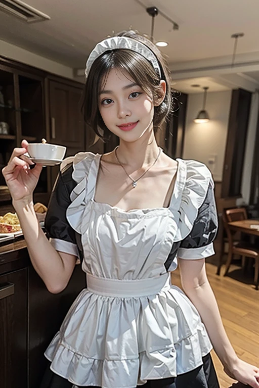 (Highest quality, DSLR photography, 8k, ultra-high quality, high resolution, highest quality, highest resolution, very beautiful woman, perfect anatomy), light brown eyes, very light brown eyes, small diamond-shaped earrings, looking directly at the camera, beautiful brown hair, ((baby face, loosely cute medium ponytail)), very short and beautiful bangs with brown hair, E-cup bust, very beautiful 20-year-old, lip gloss, smiling very happily, very cute smile, upper teeth, beautiful teeth, (background only: luxurious mansion interior), slightly larger eyes, small face, tall supermodel, beautifully shaped model, random cute poses in gravure photos that do not reveal décolletage, dynamic angles, eye focus, head tilt, very detailed and realistic, very beautiful 20-year-old, ((medium shot)), sharp jawline, ((black maid outfit with white apron and white prim)), deep waistline, sexy legs, side view, smiling very joyfully, laughing, summer daytime.