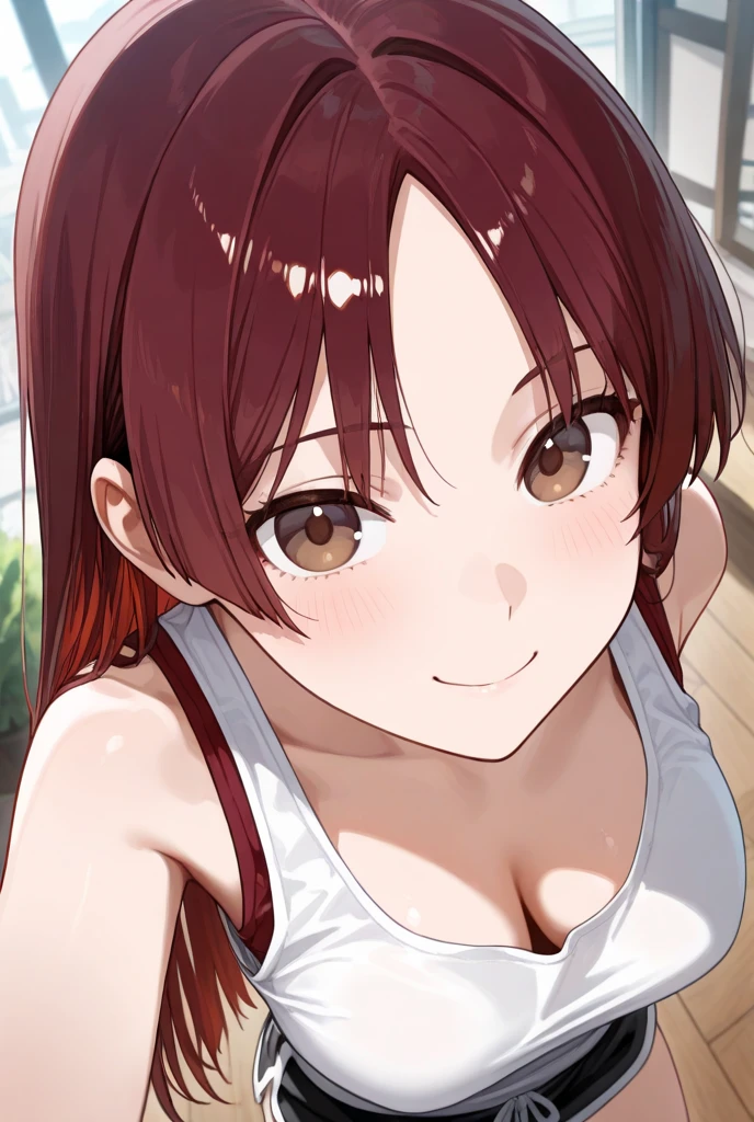 (masterpiece, best quality, ultra-detailed, high resolution, perfect anatomy, detailed, highres, extremely detailed, ultra detailed, very aesthetic:1), (kyoto animation), yuuki_yuna, Yuki Yuna is a brave man, (1girl, 独奏, hair ornament, red eyes, hair between eyes, White hair ribbon, bright red hair, side ponytail:1.1), (upper body:1.5, from side:1.4), (swimming pool:1.1), standing, (one-piece swimsuit:1.3), (covered erect nipples:1.3)
