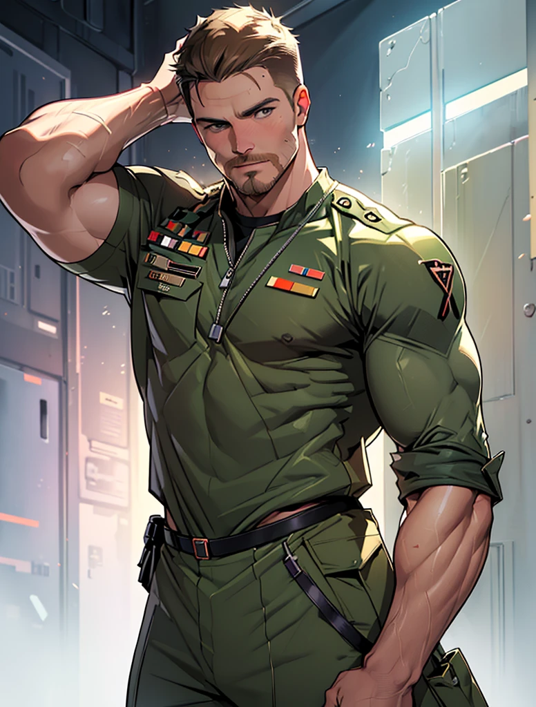 short hair, muscular, man, Beard scum, Green trench coat, In spaceships, Cowboy shooting, masterpiece