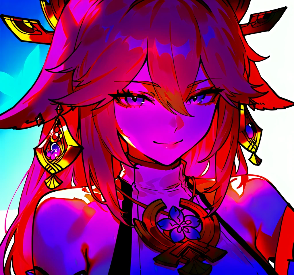 yae miko wearing trendy yellow sunglasses, yellow background, pink hair, purple eyes