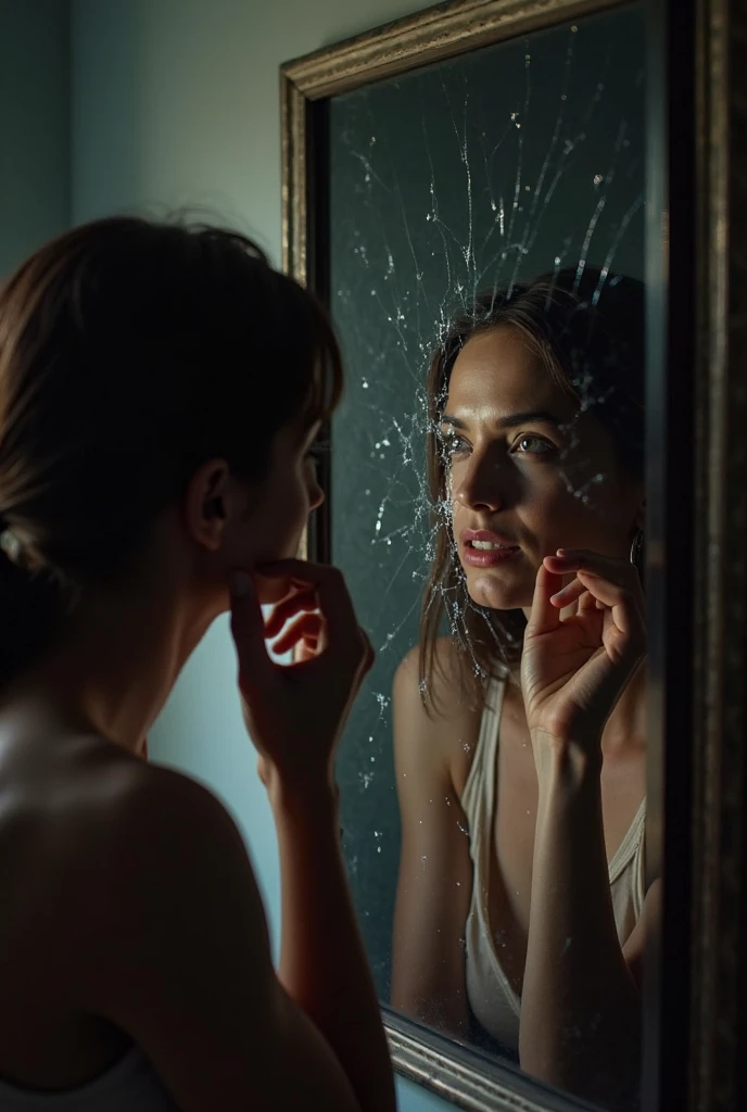 A dimly lit room with an antique mirror standing against the wall, covered partially with a dusty cloth. A young woman is seen cleaning it, with a slightly uneasy expression.