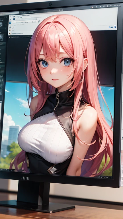 masterpiece, best quality, highly detailed, high resolution, expensive resolution, high resolution, 4k, 8k, Unity 8k wallpaper, highly detailed CG, masterpiece, 2d, 3d, beautiful details, depth, fine texture, best quality: 1.3, perfect focus, crispy skin, him, very cute anime 20s girl, sexy uniform in secretary department, big breasts, expensive pink medium long hair, secretary's office, mole under eye, looking at the viewer, expensive, blush, mole, parted lips, , heart, pink eyes, choker