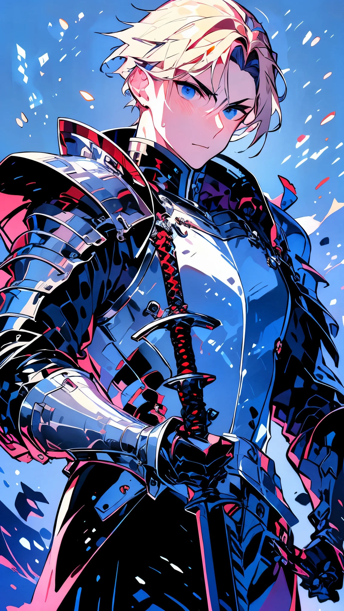 ((best quality)), ((masterpiece)), (detailed), perfect face, Western-style knight, metal armor, intricately decorated weapons featured in games, sword, male, short hair, blonde, metal gauntlets, In ices, brizzard, on the Battlefield, Fantasy novel protagonist, hero, to hold a weapon, to wield a weapon(A sword with a blade length of 1 meter and a handle of 20 centimeters)