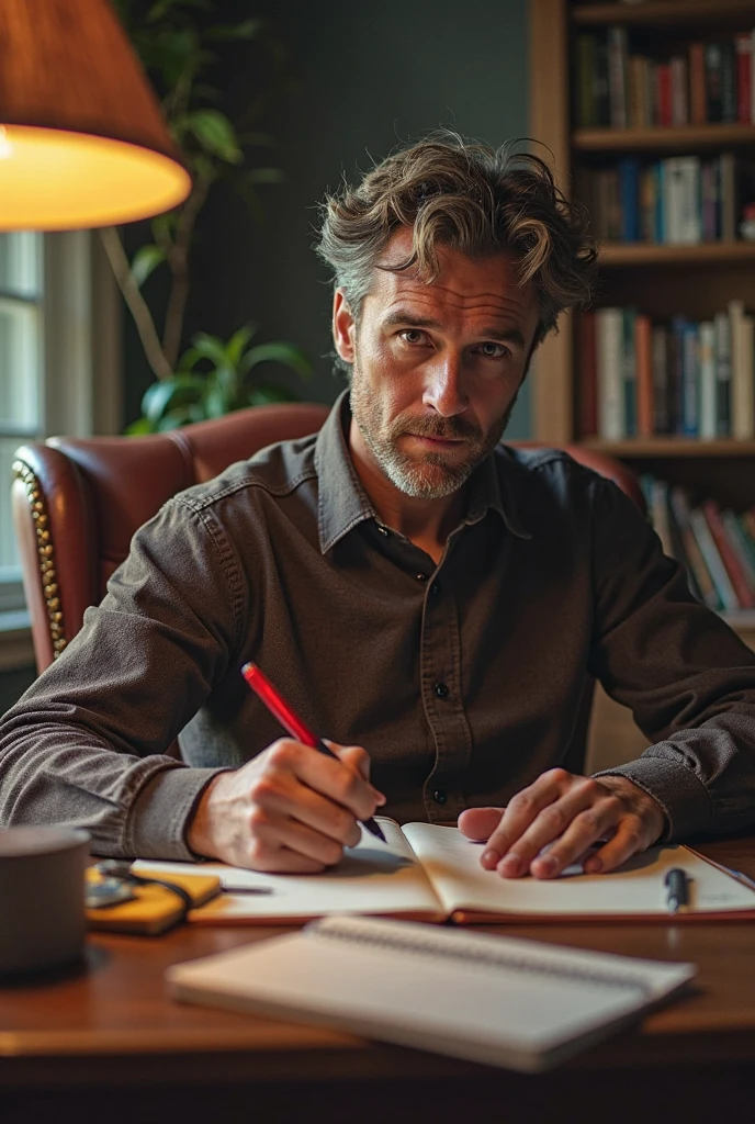 Artwork, photographic art, photorealistic, Precise focus, bright details, Man, striking face, wavy blonde hair, short beard, European guy, rapper, writing his lyrics, kitchen, kitchen table, kitchen chair, beer glass, pad and pen, crumpled paper