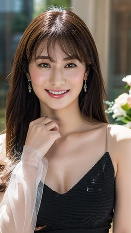 In 8K、超A high resolution、highest quality、table top 、(pretty big breasts、cleavage)(white dress:1.2)、in the street、black hair long straight、Smile、big black eyes、lip gloss、necklace、white mule、(show your armpits、Diagram drawn from the side:1.2)