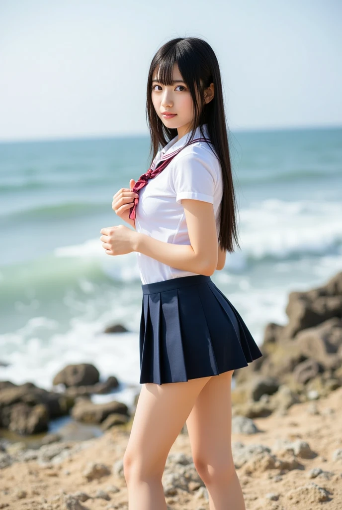((fully body photo:1.3))、((beautiful sea blue:1.2))、((White sandy beach))、(Cute profile)、(((Girls' School uniform naked:1.3)))、(Highly detailed beautiful face of one young girl), Great look and best quality:1.4), (Ultra-detailed), (8k wallpaper), Highly detailed, High-definition raw color photos, Professional Photography, Realistic portrait, Amazing face and eyes, Brown eyes, in 8K、Detailed face of a very detailed beautiful girl、extremely detailed eye、highlydetailed skin、extremely detailed fingers、highly detailed nose、very detailed detailed mouth、Perfect Anatomy、细致背景、Detailed clothing、1 beautiful girl、(16:1.2)、sixteen years old、Cute s、Realistic body、Model-like body shape、((Realistic Beautiful Girl))、小柄、de pele branca、glistning skin、Slim body、((Beautiful black hair))、((Nogizaka style beautiful girl))、((looking happy smile:1.2))、bangss: 1.5、kawaii faces、Lifelike face、Delicate eyes、((Wearing high school uniform and playing in the sea:1.3)), ((The wind blows my skirt away、genitals exposed..))、sixteen years old, ((jumpy))、((light pink nipples))、(itting open legs)、Open your crotch、((A chubby middle-aged man lifts her skirt and shirt from behind.))、((Local parts are visible.......................))、((Thin pubic hair))、((small breasts and small nipples............)), depth of fields, full-shot、3women、japanes、age19、(beauitful face:1.5)、(Nothing is worn)、(Running on the beach)
