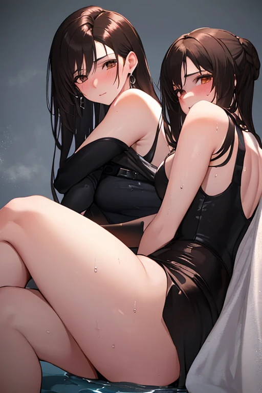 An two nude curvy women with big butt, big , long hair. The Face character look like Nico Robin on One Piece Series. Laying down, She is look from back and show her pussy from back and wet with from inside pussy.
