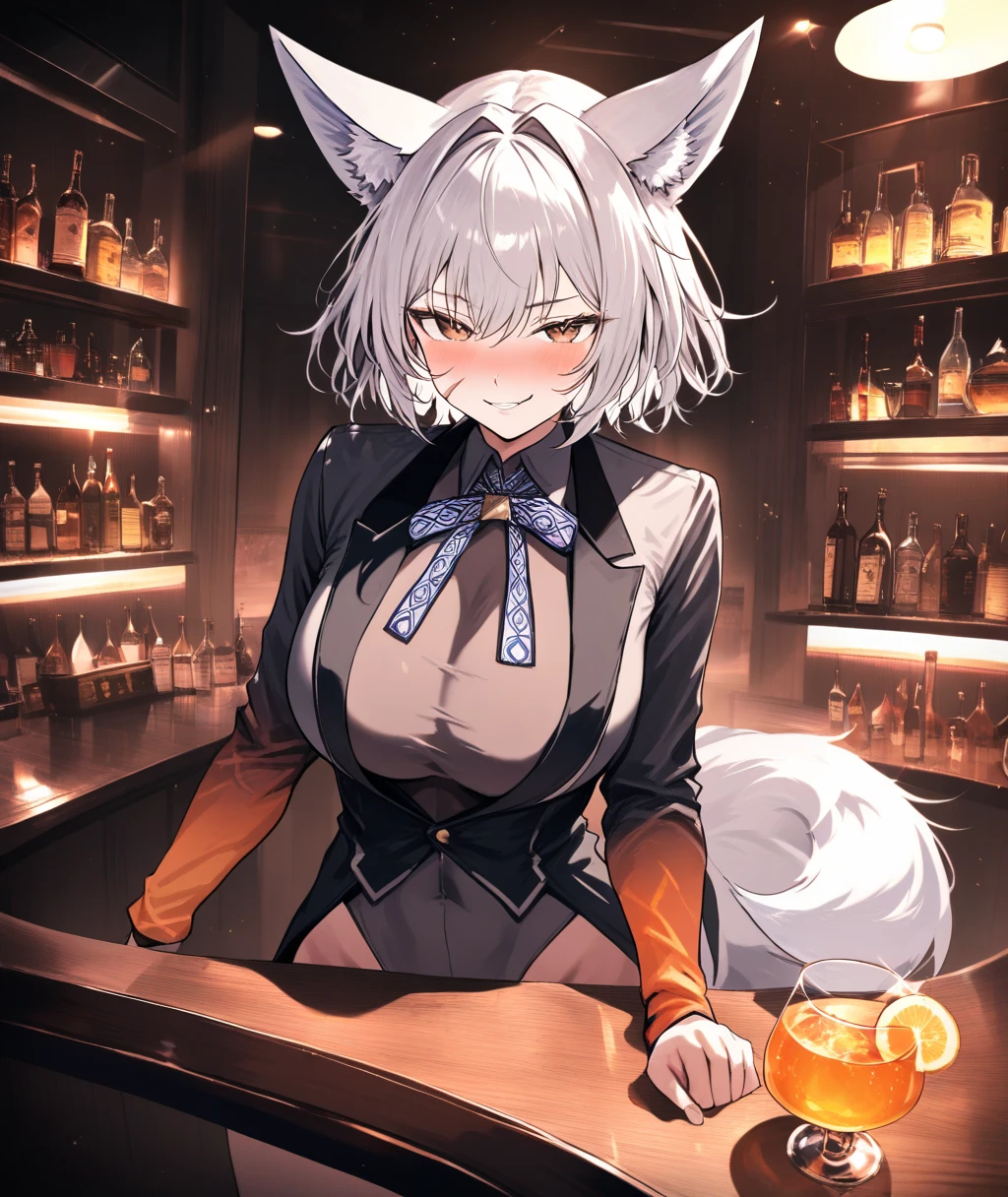 High resolution、Highest quality、4K、Long white hair、Tattoos on the face、Slanted Eyes、Purple lipstick、Glowing yellow eyes、A girl with nine fox tails、Big white fox ears、Big Breasts、Soak in a hot spring、Full moon night、Drinking sake from a sake cup、Cherry blossom petals fluttering、Hair blowing in the wind、Cleavage、裸で胸までSoak in a hot spring、One towel for the upper body