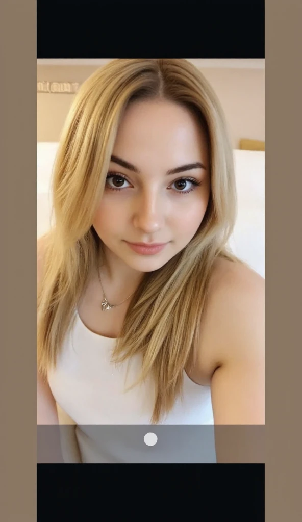 blonder woman, eyes you see, 17 year old young man , Perfect beauty, (((high qualiy))), (((Hyper-Realism))), photo taken with iPhone  , vibrant look, styled hair, ((perfect photo)), wide background, (((Selfie))),she is wearing a white dress, luxurious environment, she is stunning, she would be, (((Selfie))), perfect photo, photo up close, sweet smile, she is showing her tongue