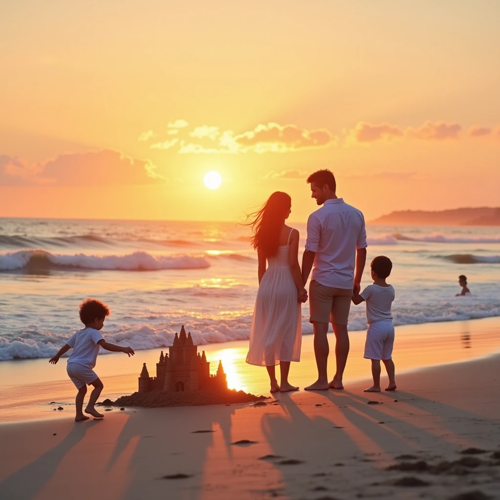 masterpiece, highest quality, beach, sunset, happy family, man holding baby, woman holding daughter, love, cinematic light, simplicity, without losing detail, back, high resolution, shadow and highlight, raw, 4K, gazing at the horizon, at dawn