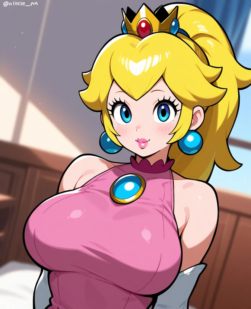princess peach, blue eyes, earrings, blonde hair, ((masterpiece)), top quality, best quality, detailed face, looking at viewer, huge breasts, smile, wide hips, pussy, loving look, topless, detailed bedroom, nipples, blush, seductive pose, completely nude