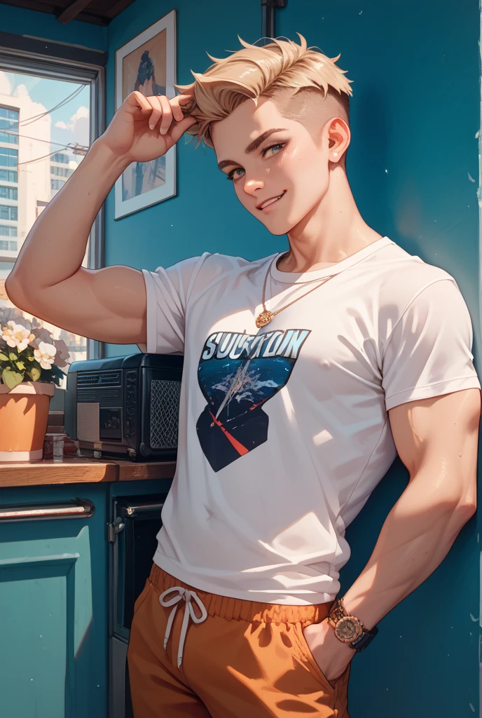 Masculine white man. very muscular. white sneakers. flexing arm.