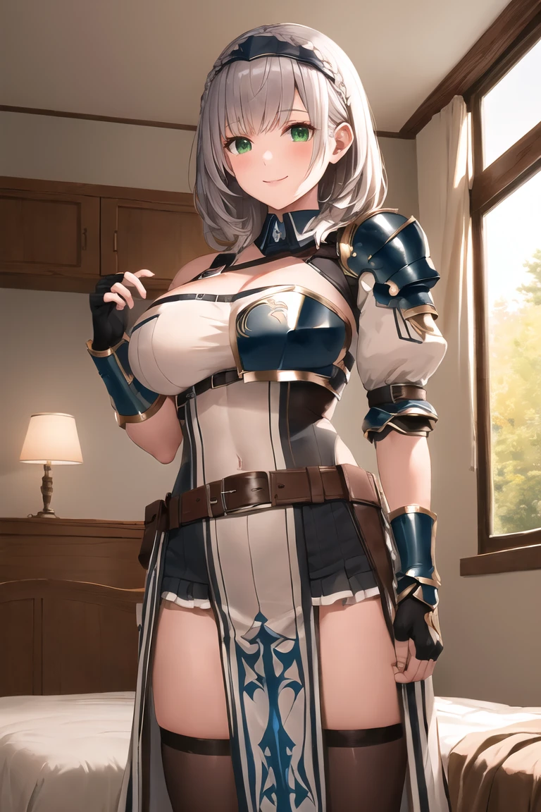1Lady, short pink hair, blue eyes, wearing armor, room, high res, ultrasharp, 8K, masterpiece, looking at viewer, absurdres, Knight