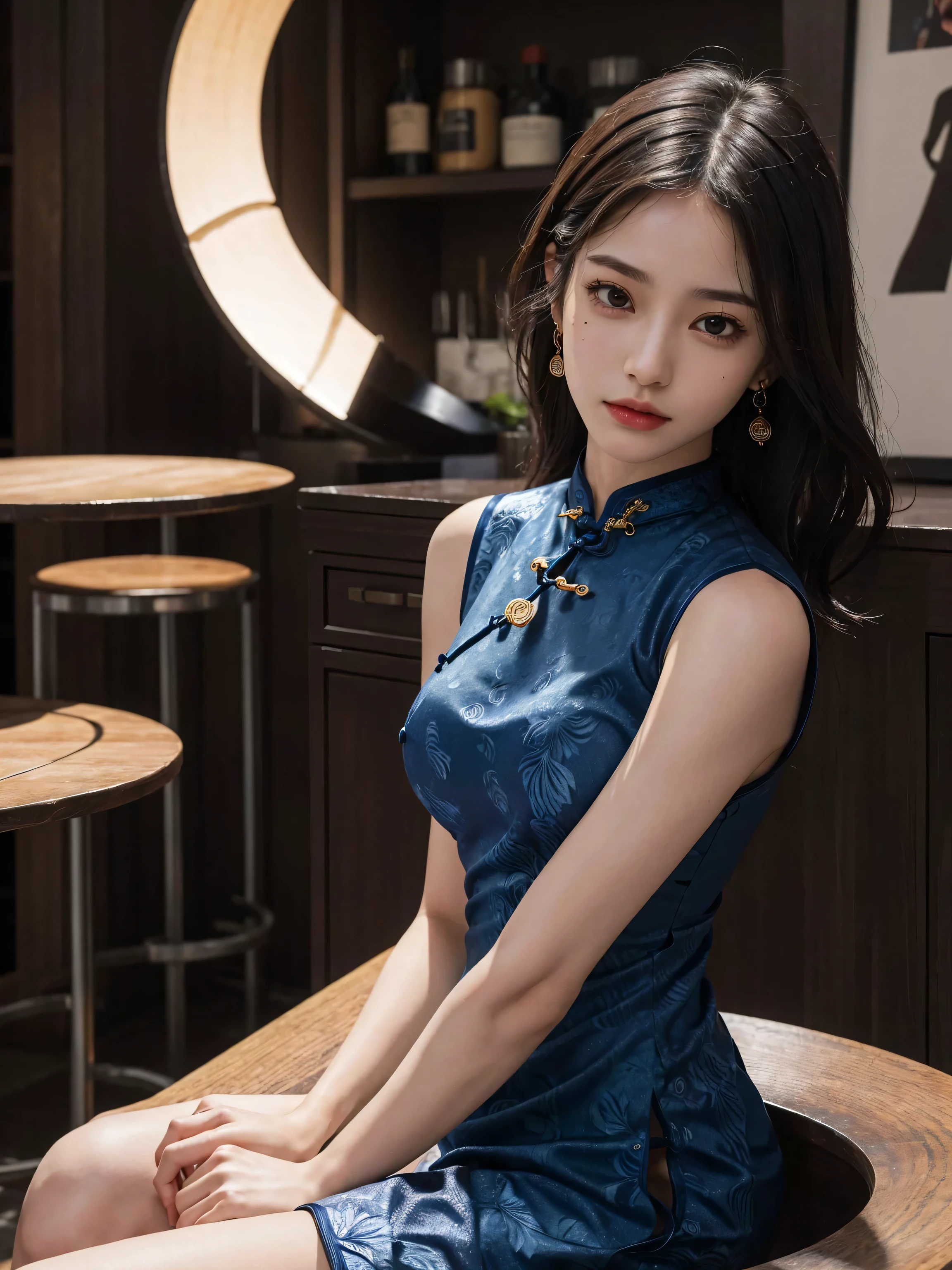 absurdres, RAW photo, extremely delicate and beautiful, masterpiece, Best Quality, ultra high resolution, 32k, hyperrealistic, ultra-detailed, perfect anatomy, anatomically correct, perfect figure, super Detailed skin, pale skin, 20 years old, very Slim body, narrow waist, very small head, very small face, delicate facial features, detailed face, detailed eyes, tearful mole, earring, thin legs, bare legs, ((very huge round )), short medium hair, ((wavy hair)), wet clothes, (((cheongsam))), sleeveless,