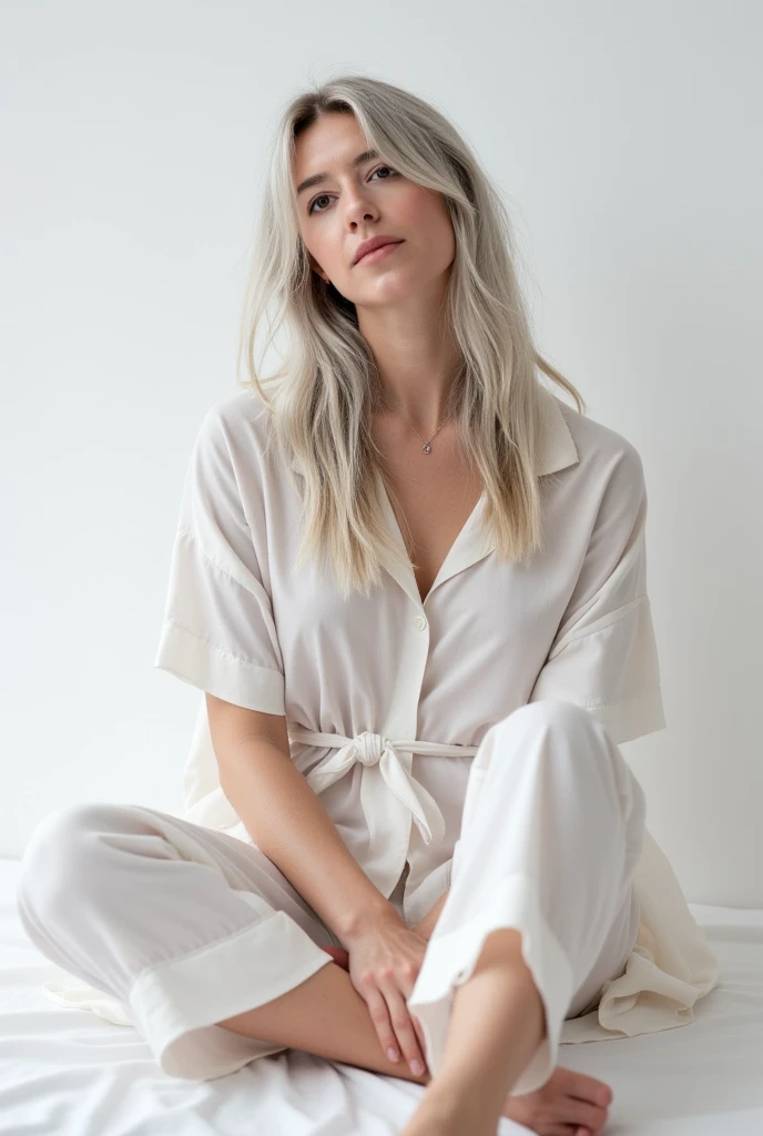 Face of a woman, americana, age 25, pale skin and freckles, grey-eyed, delicate nose, soft and delicate lips, Long Wavy Gray Blonde Hair, Sweet smile, cabelo solto e cheio