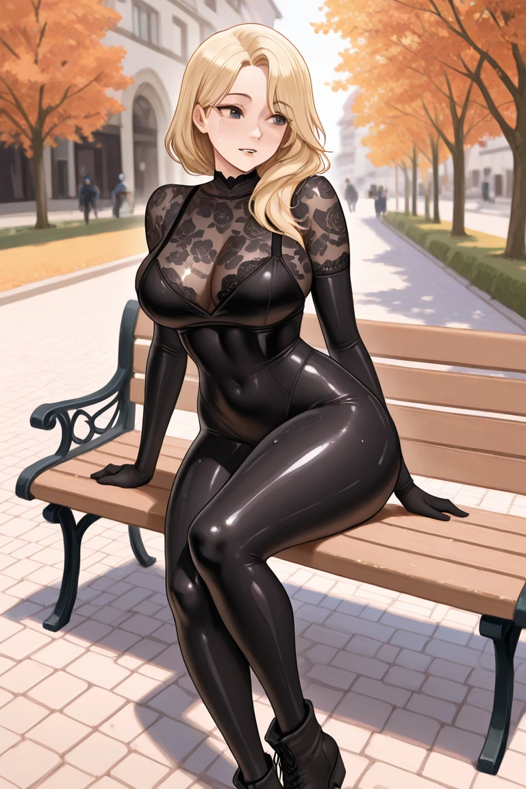 (long blonde hair, curly), (green eyes, big and round), (red lipstick, glossy), (black dress, knee-length, tight-fitting), (black high heels, stilettos), (standing on a cobblestone street), (buildings on both sides of the street, brownstone style), (street lamps, flickering), (leaves rustling in the autumn breeze), (details: 9), (masterpiece: 9)