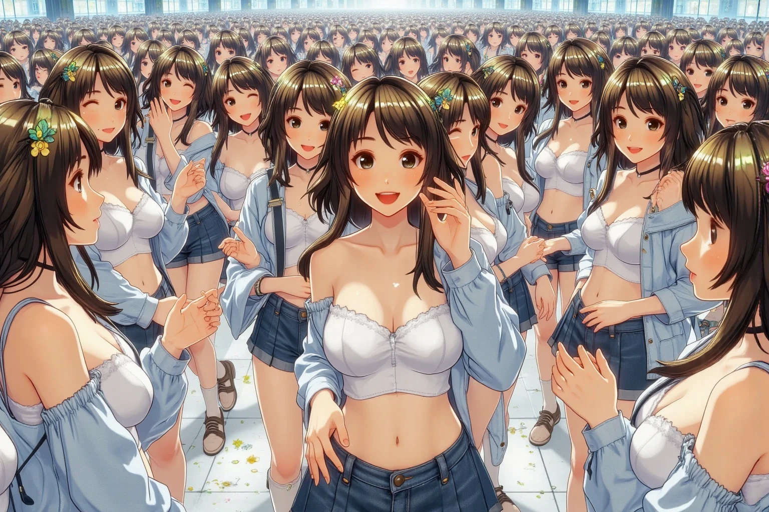 (masterpiece:1.2), (best quality:1.2), (extremely detailed:1.2), (extremely detailed face), (photorealistic:1.2), (ultra detailed), 4girls, from top, standing, blonde, wetshirt, small breast, white thong, cameltoe, wet and shiny skin, slim and petite body, high ponytail hair, smiling , on stage, (crowd:1.2),<lora:wetshirt15_v1.1.0:1>