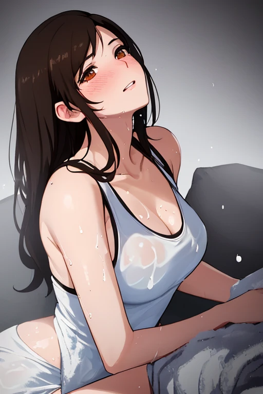 beautiful, masterpiece, best quality, extremely detailed face, perfect lighting, masterpiece, best quality, 1girl, blush, 1girl, black hair, brown hair, solo, green eyes, large breasts, buruma, sports bra, sportswears, navel, wet, sweat, ;o, one eyes closed, large breasts, arm behind head, sitting, wariza, on bed, looking at viewer